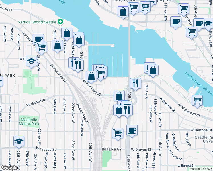 map of restaurants, bars, coffee shops, grocery stores, and more near 1723 West Nickerson Street in Seattle