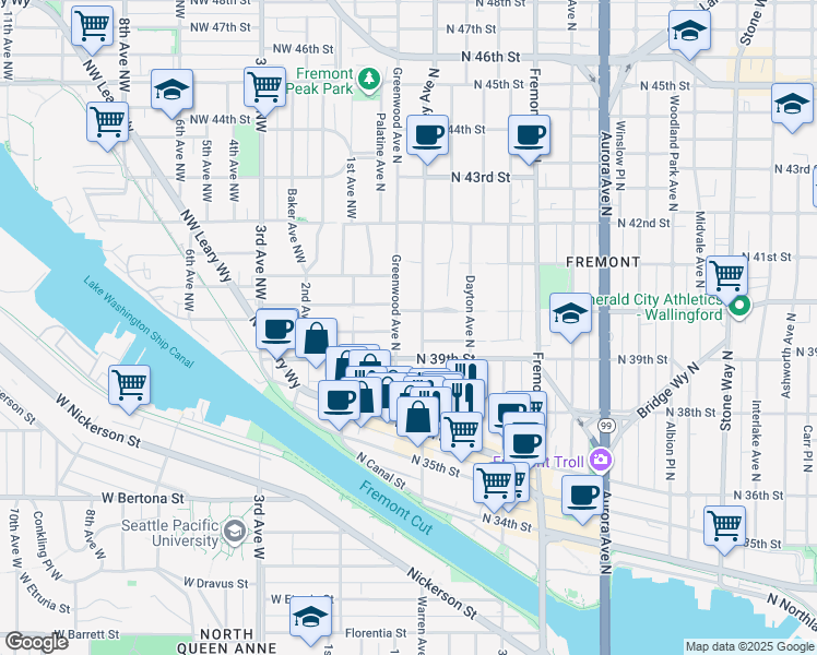 map of restaurants, bars, coffee shops, grocery stores, and more near 3950 Greenwood Avenue North in Seattle