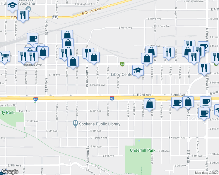 map of restaurants, bars, coffee shops, grocery stores, and more near 2604 East Pacific Avenue in Spokane