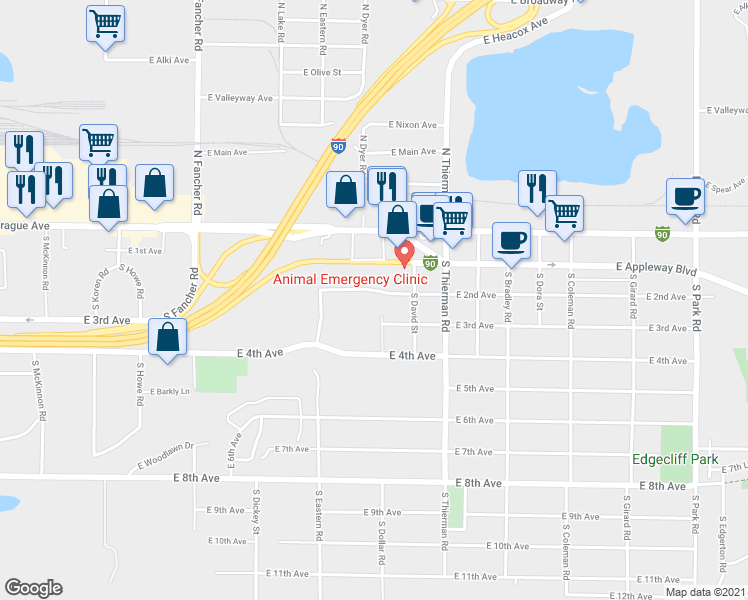 map of restaurants, bars, coffee shops, grocery stores, and more near 6422 East 2nd Avenue in Spokane Valley