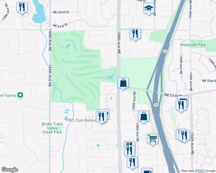 map of restaurants, bars, coffee shops, grocery stores, and more near 14635 Northeast 51st Place in Bellevue