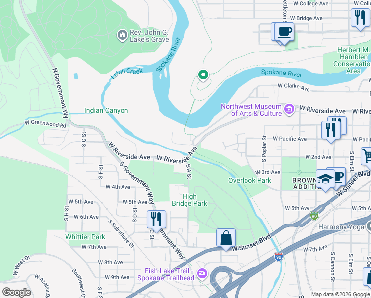 map of restaurants, bars, coffee shops, grocery stores, and more near 136 South A Street in Spokane