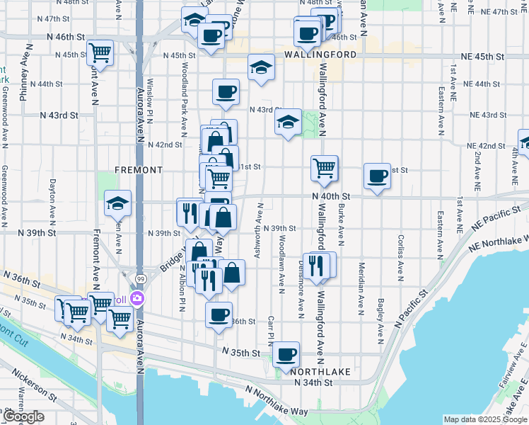 map of restaurants, bars, coffee shops, grocery stores, and more near 3920 Ashworth Avenue North in Seattle
