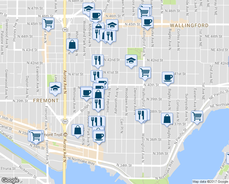 map of restaurants, bars, coffee shops, grocery stores, and more near 3929 Ashworth Avenue North in Seattle