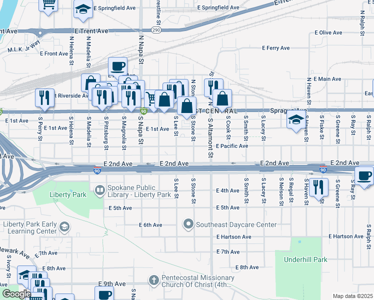map of restaurants, bars, coffee shops, grocery stores, and more near 2130 East Pacific Avenue in Spokane