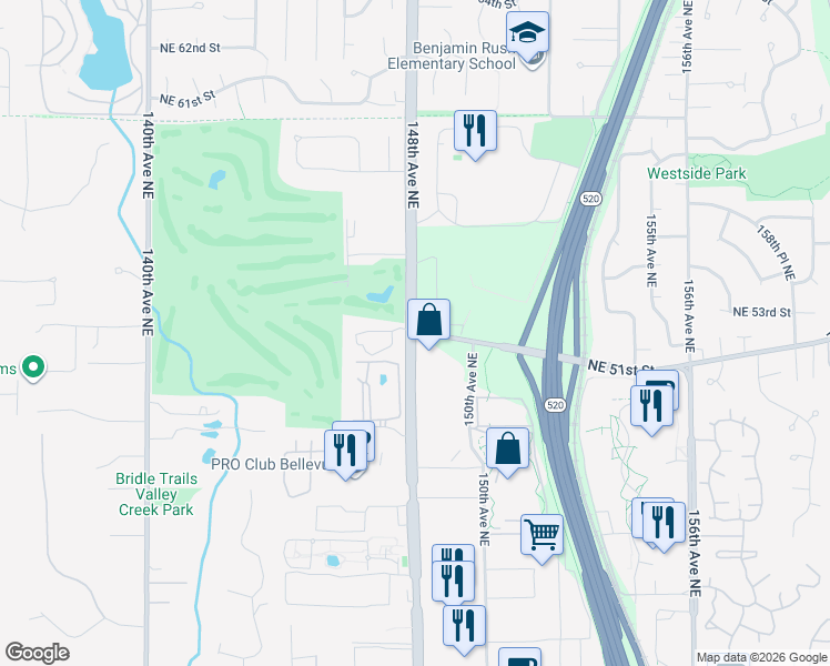 map of restaurants, bars, coffee shops, grocery stores, and more near 14810 Northeast 51st Street in Redmond