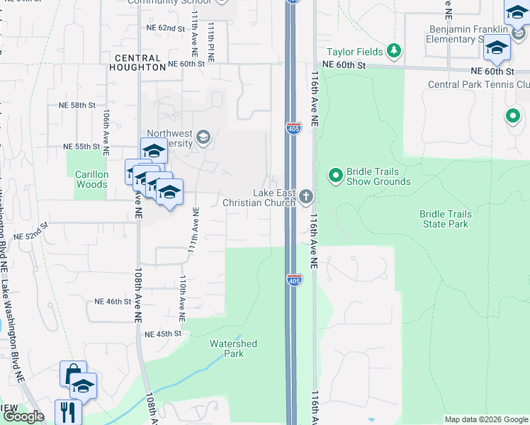 map of restaurants, bars, coffee shops, grocery stores, and more near 5225 114th Avenue Northeast in Kirkland