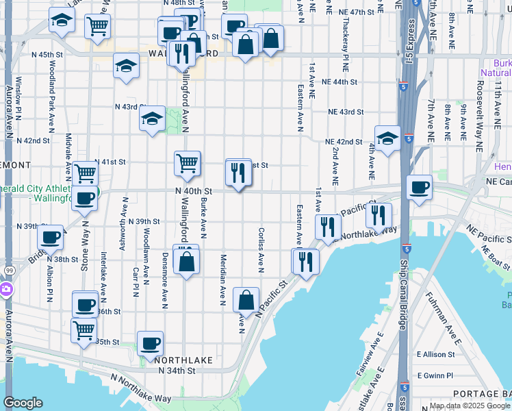 map of restaurants, bars, coffee shops, grocery stores, and more near in Seattle