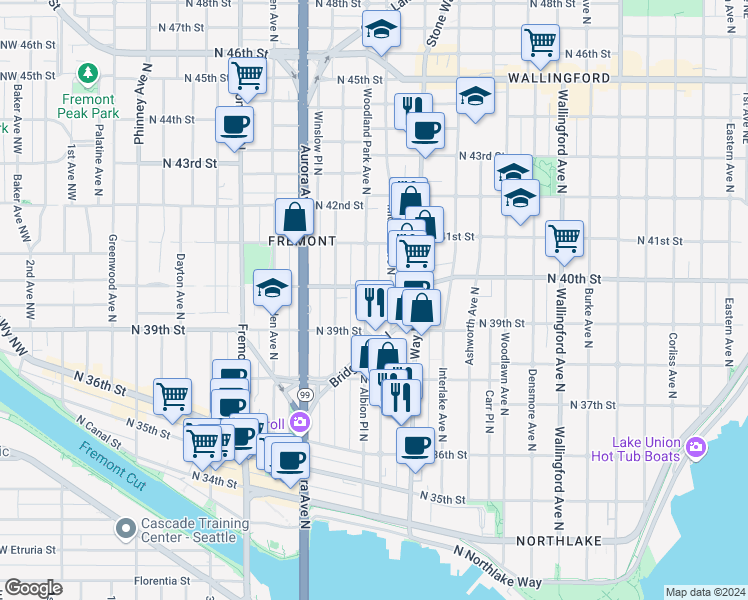 map of restaurants, bars, coffee shops, grocery stores, and more near 3932 Woodland Park Avenue North in Seattle