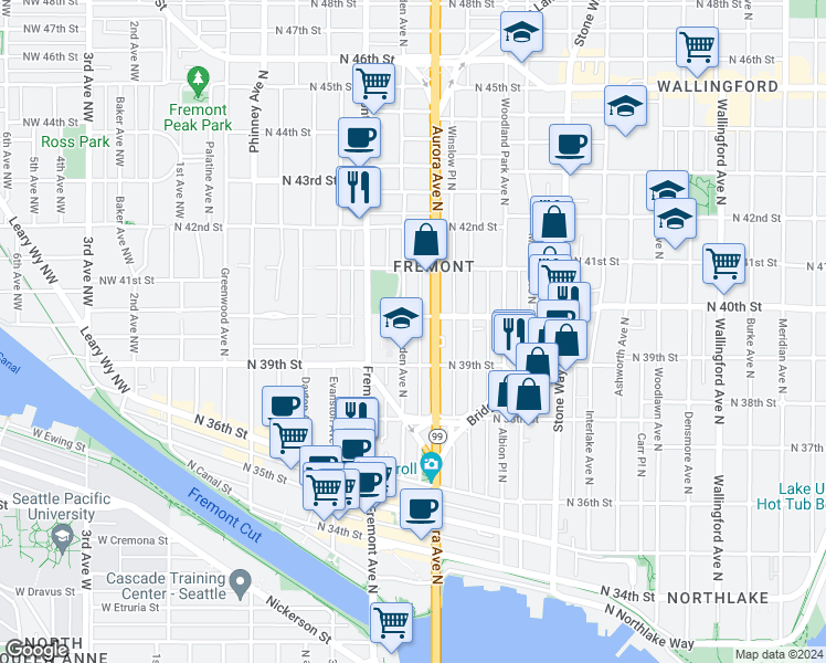 map of restaurants, bars, coffee shops, grocery stores, and more near 3929 Aurora Avenue North in Seattle