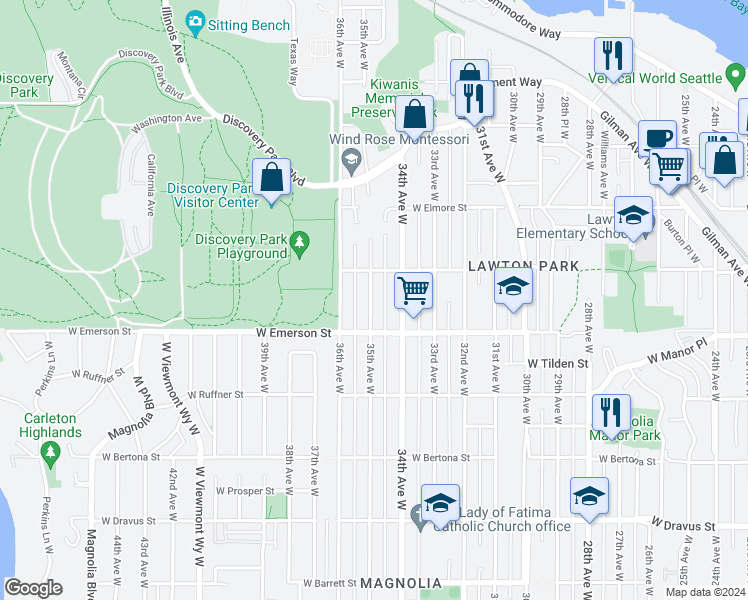 map of restaurants, bars, coffee shops, grocery stores, and more near 3831 34th Avenue West in Seattle