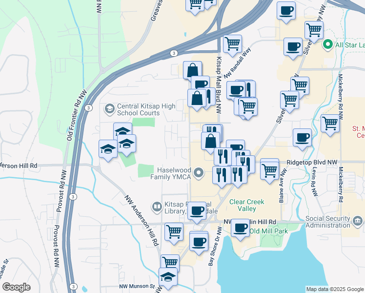 map of restaurants, bars, coffee shops, grocery stores, and more near 3414 Northwest Kensington Lane in Silverdale