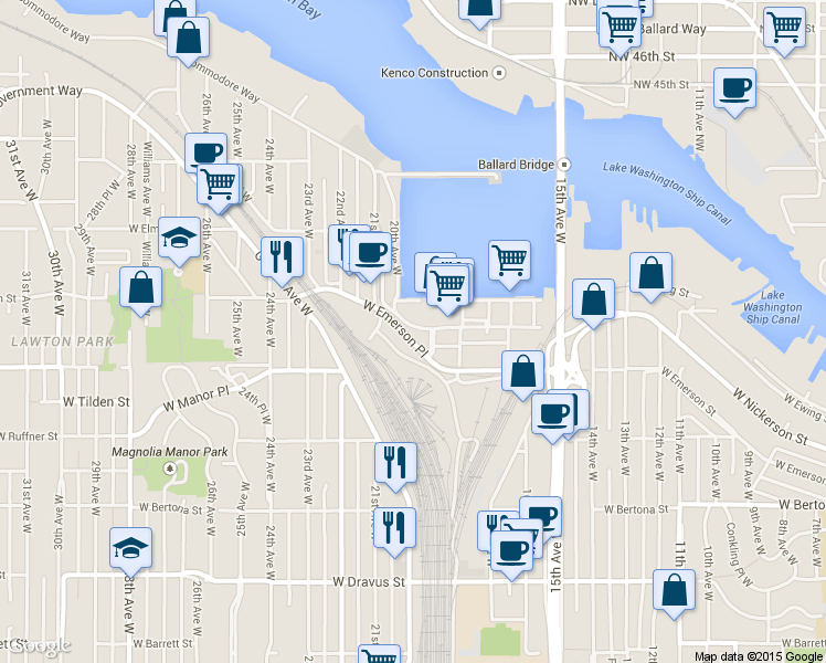 map of restaurants, bars, coffee shops, grocery stores, and more near 1900 West Emerson Place in Seattle