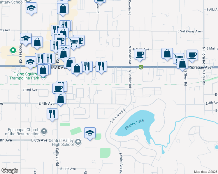map of restaurants, bars, coffee shops, grocery stores, and more near 202 South Cannery Road in Spokane Valley