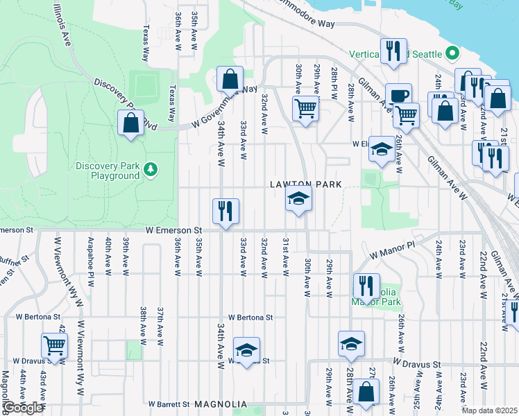 map of restaurants, bars, coffee shops, grocery stores, and more near 3831 32nd Avenue West in Seattle