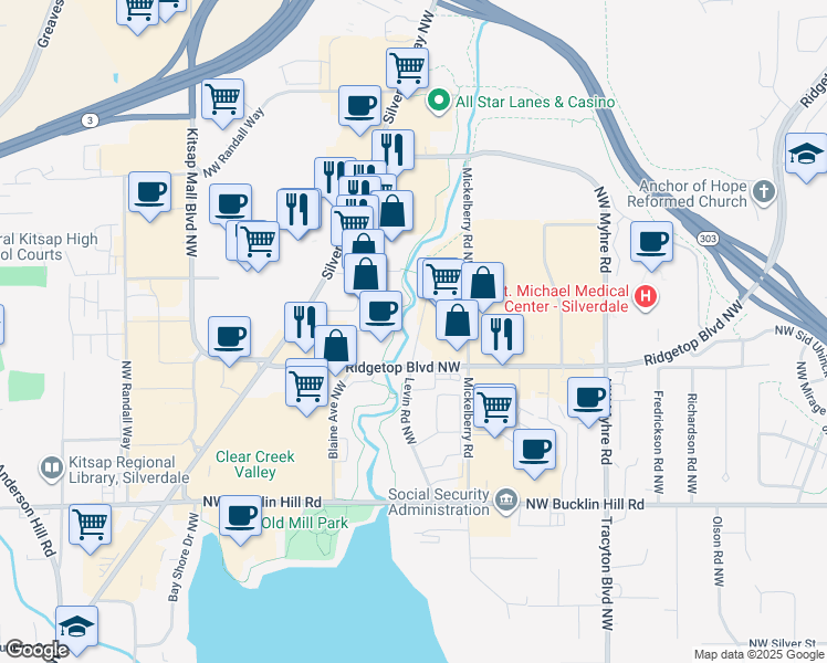 map of restaurants, bars, coffee shops, grocery stores, and more near 10015 Levin Road Northwest in Silverdale
