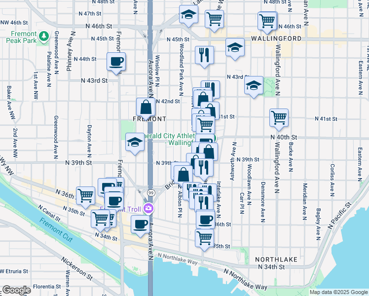 map of restaurants, bars, coffee shops, grocery stores, and more near 3932 Woodland Park Avenue North in Seattle