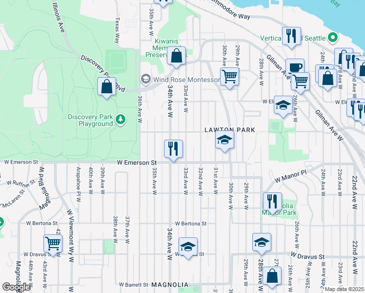 map of restaurants, bars, coffee shops, grocery stores, and more near 3829 33rd Avenue West in Seattle