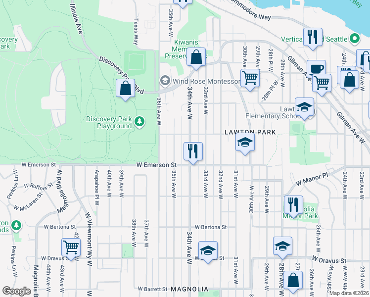 map of restaurants, bars, coffee shops, grocery stores, and more near 3831 34th Avenue West in Seattle
