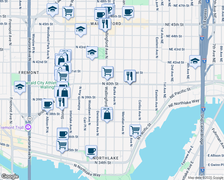 map of restaurants, bars, coffee shops, grocery stores, and more near 3923 Burke Avenue North in Seattle
