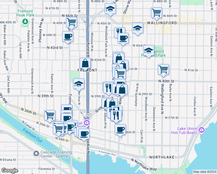 map of restaurants, bars, coffee shops, grocery stores, and more near 3932 Woodland Park Avenue North in Seattle