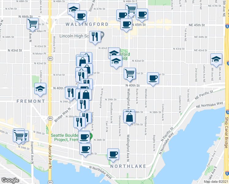 map of restaurants, bars, coffee shops, grocery stores, and more near 3922 Woodlawn Avenue North in Seattle