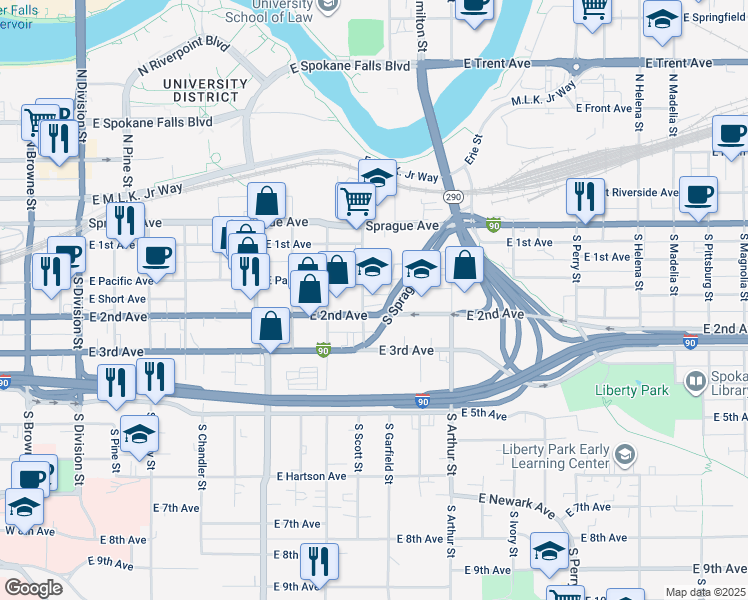 map of restaurants, bars, coffee shops, grocery stores, and more near 801 East 2nd Avenue in Spokane