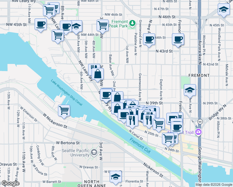 map of restaurants, bars, coffee shops, grocery stores, and more near 3952 2nd Avenue Northwest in Seattle