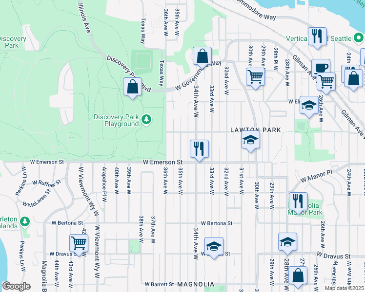 map of restaurants, bars, coffee shops, grocery stores, and more near 3831 34th Avenue West in Seattle