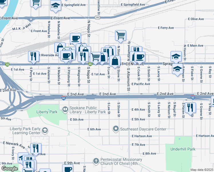 map of restaurants, bars, coffee shops, grocery stores, and more near 2130 East Pacific Avenue in Spokane
