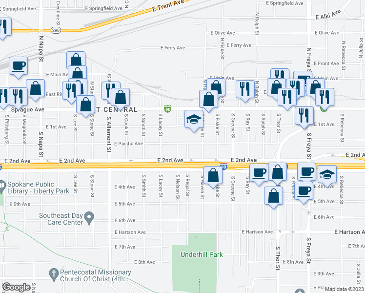 map of restaurants, bars, coffee shops, grocery stores, and more near 2808 East Pacific Avenue in Spokane