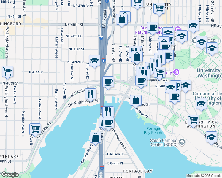 map of restaurants, bars, coffee shops, grocery stores, and more near 616 Northeast Northlake Place in Seattle