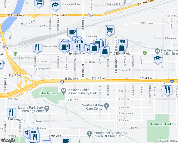 map of restaurants, bars, coffee shops, grocery stores, and more near 2022 East Pacific Avenue in Spokane