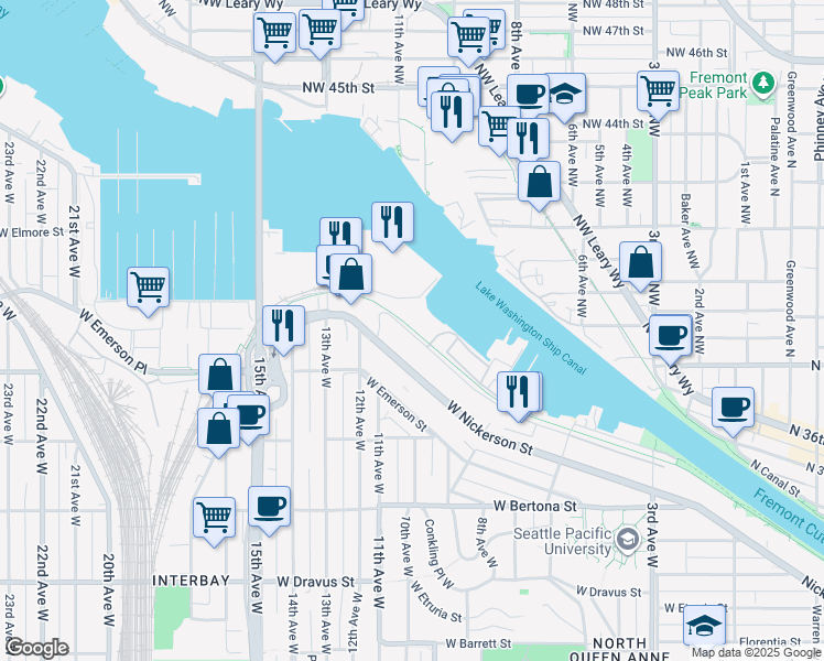 map of restaurants, bars, coffee shops, grocery stores, and more near 1060 West Ewing Street in Seattle