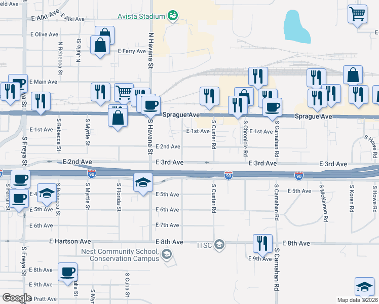 map of restaurants, bars, coffee shops, grocery stores, and more near 4513 East 3rd Avenue in Spokane Valley
