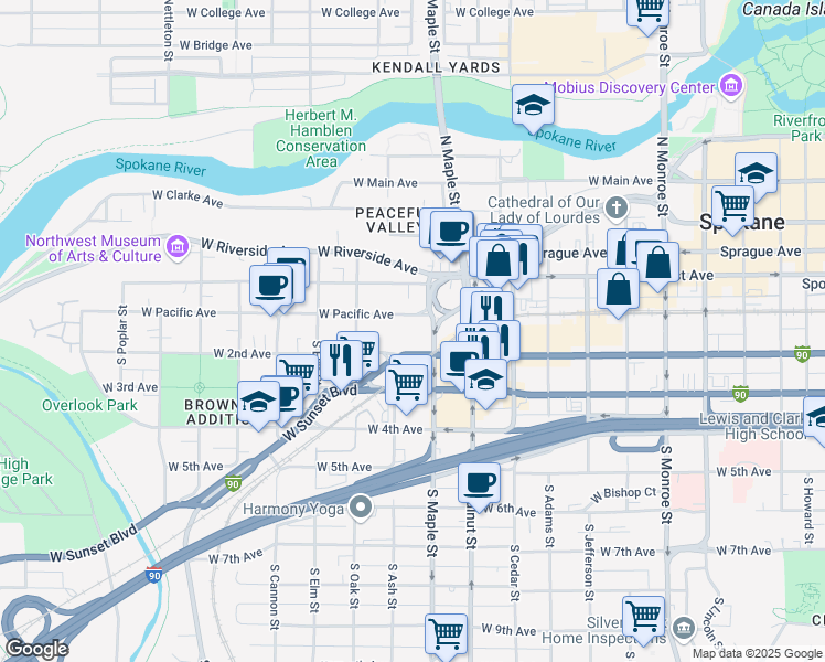 map of restaurants, bars, coffee shops, grocery stores, and more near 1623 West Pacific Avenue in Spokane