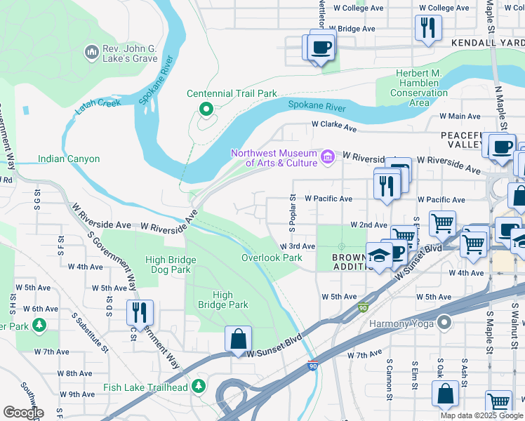 map of restaurants, bars, coffee shops, grocery stores, and more near 160 South Coeur d'Alene Street in Spokane