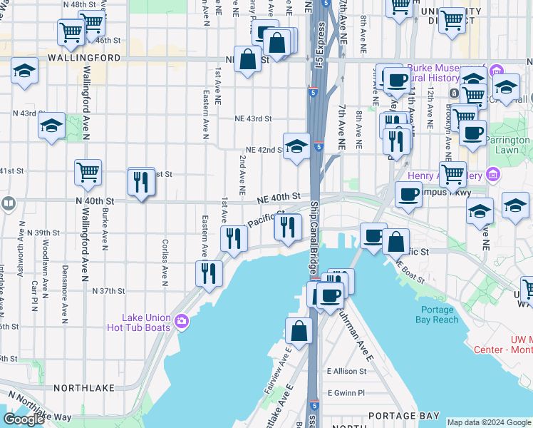map of restaurants, bars, coffee shops, grocery stores, and more near 3900 Latona Avenue Northeast in Seattle