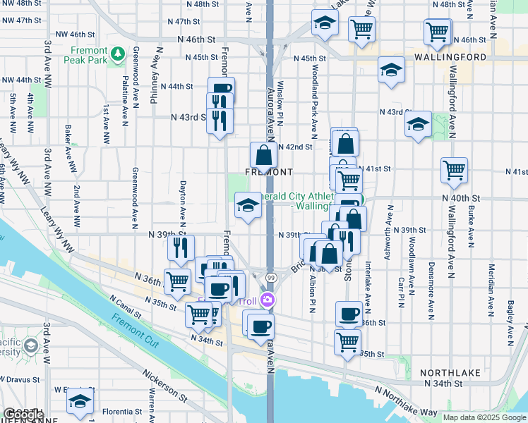 map of restaurants, bars, coffee shops, grocery stores, and more near 3929 Aurora Avenue North in Seattle