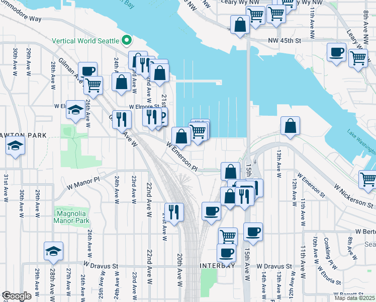 map of restaurants, bars, coffee shops, grocery stores, and more near 1900 West Emerson Place in Seattle