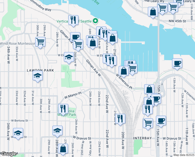 map of restaurants, bars, coffee shops, grocery stores, and more near 3833 23rd Avenue West in Seattle