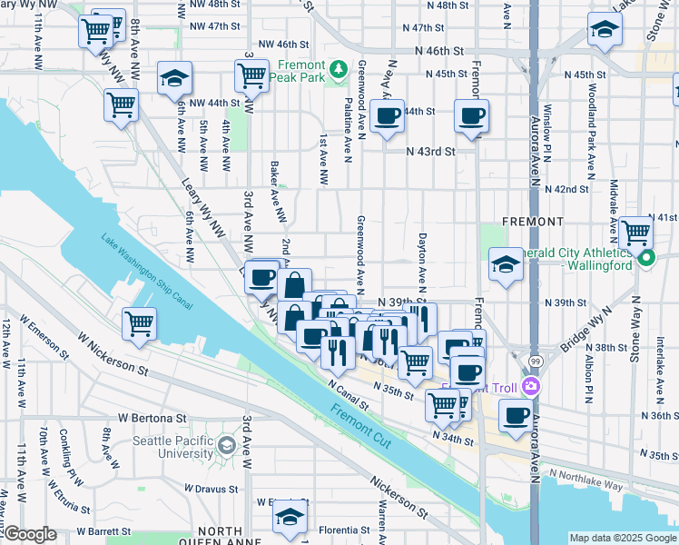 map of restaurants, bars, coffee shops, grocery stores, and more near 112 North Bowdoin Place in Seattle