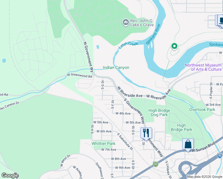 map of restaurants, bars, coffee shops, grocery stores, and more near 3403 West Pacific Avenue in Spokane