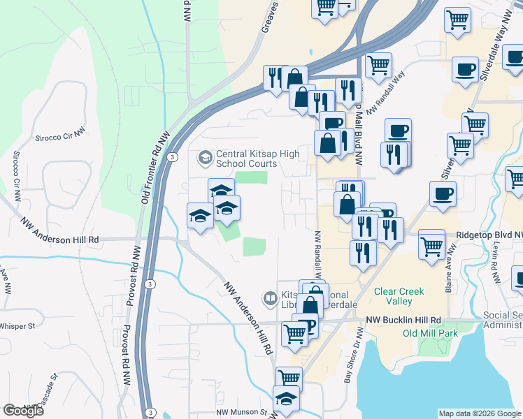 map of restaurants, bars, coffee shops, grocery stores, and more near 10150 Frontier Place Northwest in Silverdale