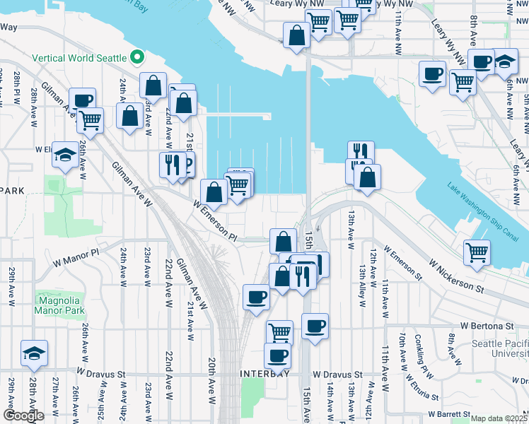 map of restaurants, bars, coffee shops, grocery stores, and more near 1777-1999 W Nickerson St in Seattle