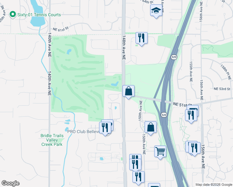 map of restaurants, bars, coffee shops, grocery stores, and more near 14702 Northeast 51st Street in Bellevue