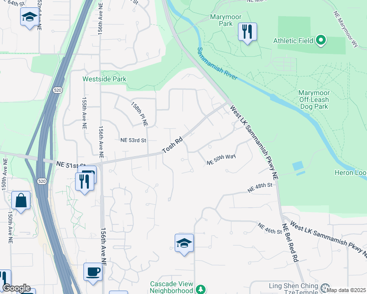 map of restaurants, bars, coffee shops, grocery stores, and more near 5001 162nd Avenue Northeast in Redmond