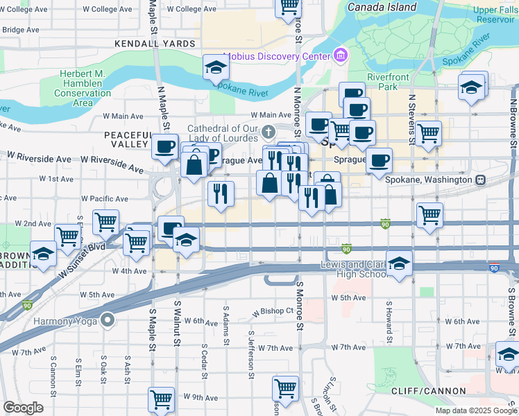 map of restaurants, bars, coffee shops, grocery stores, and more near 153 South Jefferson Street in Spokane