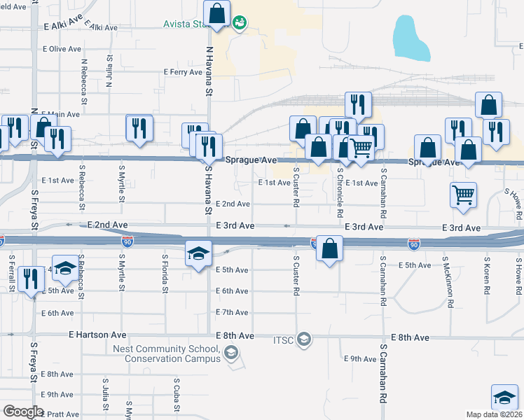 map of restaurants, bars, coffee shops, grocery stores, and more near 4513 East 3rd Avenue in Spokane Valley