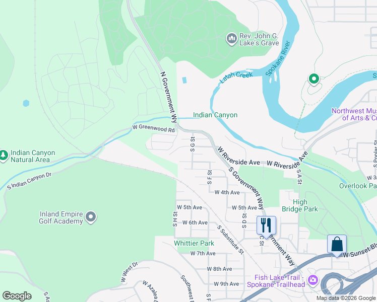 map of restaurants, bars, coffee shops, grocery stores, and more near 3501 West Pacific Avenue in Spokane